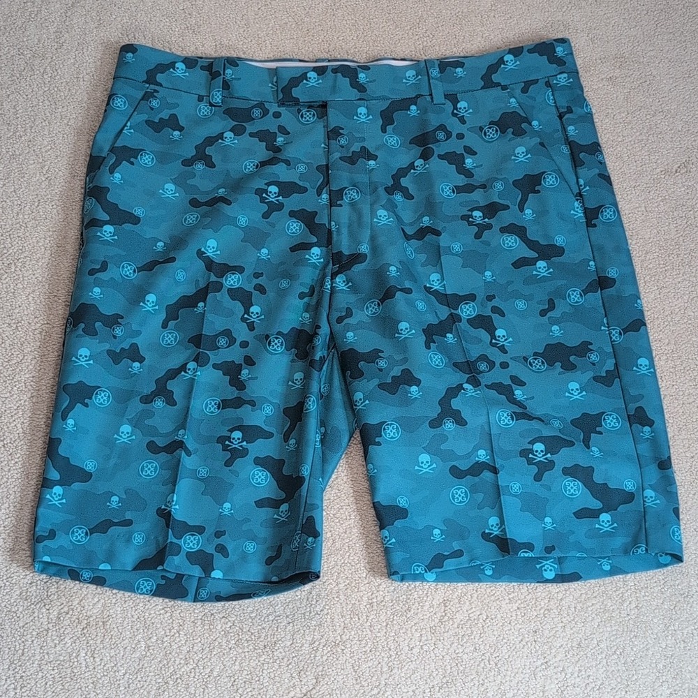 G/Fore Icon Performance Golf Shorts Mens Size 35 River Blue Camo Skulls All Over